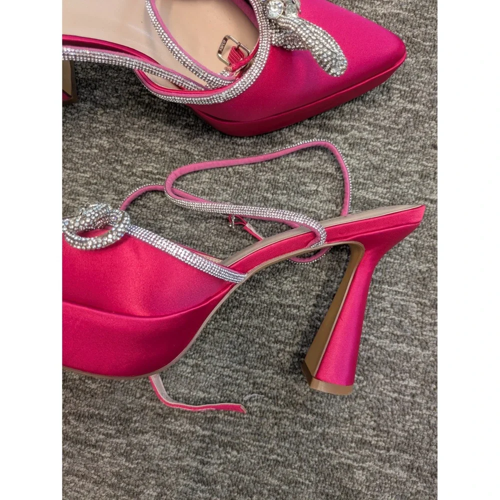 Jenn Ardor Platform Heels‎ Women's 10M Hot Pink Rhinestone Bow Satin Flared Heel